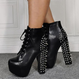 Women sexy studded chunky high heel platform lace up black boots