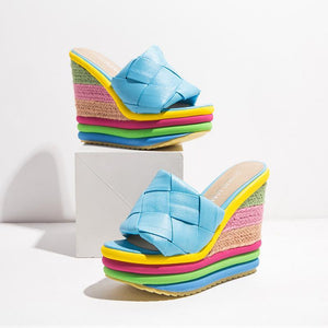 Women peep toe colorful chunky heel platform slide wedge sandals