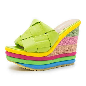 Women peep toe colorful chunky heel platform slide wedge sandals