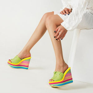 Women peep toe colorful chunky heel platform slide wedge sandals