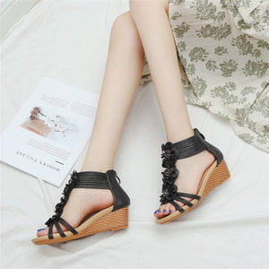 Women flowers peep toe side hollow back zipper wedge sandals