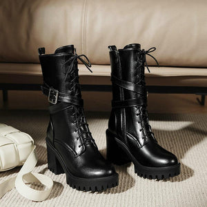 Women chunky heel platform lace up buckle strap combat boots