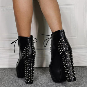 Women sexy studded chunky high heel platform lace up black boots