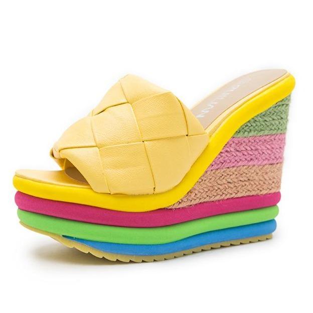 Women peep toe colorful chunky heel platform slide wedge sandals