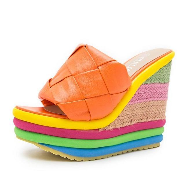 Women peep toe colorful chunky heel platform slide wedge sandals