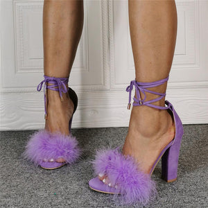 Women furry strappy lace up chunky heel sandals