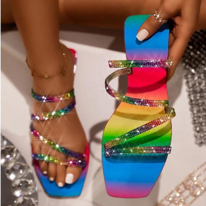 Women bling rhinestone strappy 
colorful flat slide sandals