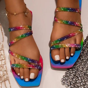 Women bling rhinestone strappy 
colorful flat slide sandals