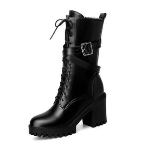 Women chunky heel platform lace up buckle strap combat boots