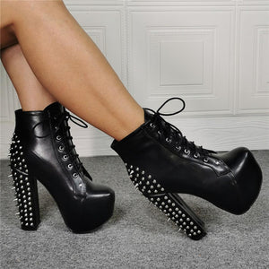 Women sexy studded chunky high heel platform lace up black boots