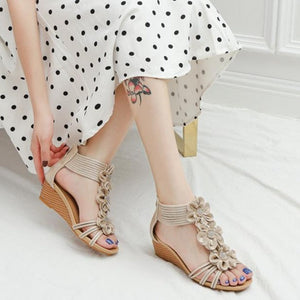 Women flowers peep toe side hollow back zipper wedge sandals