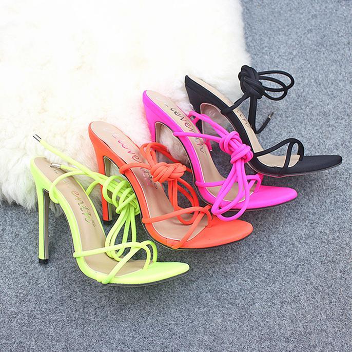 Women lace up strappy clip toe neon color stiletto heels