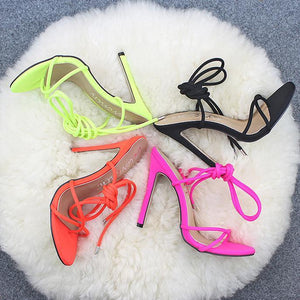 Women lace up strappy clip toe neon color stiletto heels