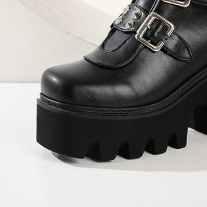 Women mid calf buckle strap chunky platform motorcycle boots