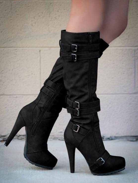 Women's stiletto high heeled platform knee high boots buckle strap boots