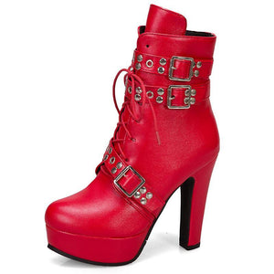 Women studded lace up buckle strap platform block heel combat boots