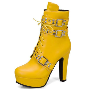 Women studded lace up buckle strap platform block heel combat boots