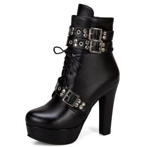 Women studded lace up buckle strap platform block heel combat boots