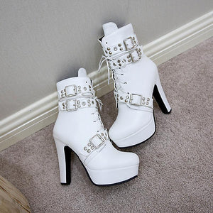 Women studded lace up buckle strap platform block heel combat boots