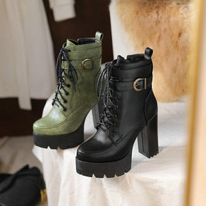 Women fashion lace up buckle strap block heel platform combat boots