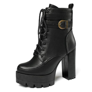 Women fashion lace up buckle strap block heel platform combat boots