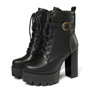 Women fashion lace up buckle strap block heel platform combat boots