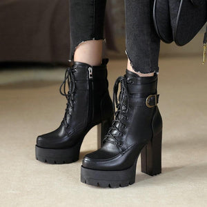 Women fashion lace up buckle strap block heel platform combat boots