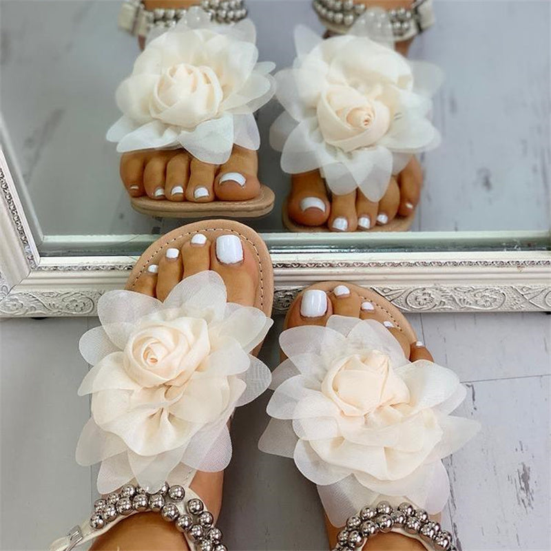 Women bohemian flower beaded cute beach flat sandals