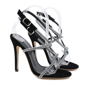 Women peep toe criss cross sparkly rhinestone buckle strappy stiletto sexy heels