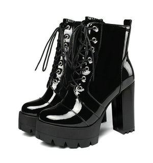 Women platform boots patent leather chunky high heeled booties lace-up