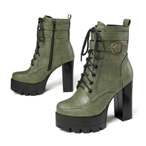 Women fashion lace up buckle strap block heel platform combat boots