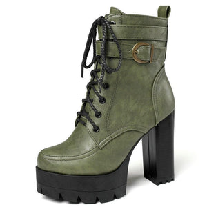 Women fashion lace up buckle strap block heel platform combat boots