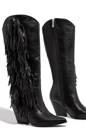 Women's knee high fringe boots pointed toe block heel tassels boots