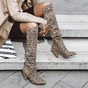 Women chunky heel pointed toe slip on knee high boots