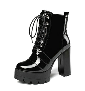 Women platform boots patent leather chunky high heeled booties lace-up