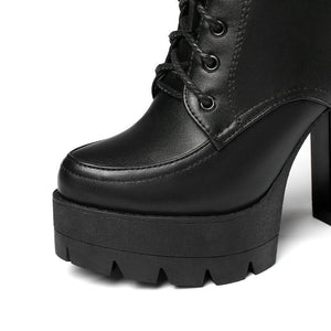 Women fashion lace up buckle strap block heel platform combat boots