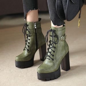 Women fashion lace up buckle strap block heel platform combat boots