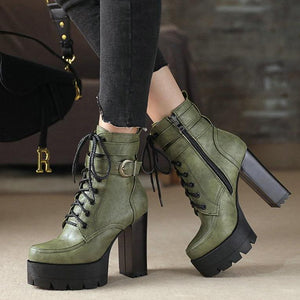 Women fashion lace up buckle strap block heel platform combat boots