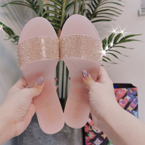Women peep toe sparkly rhinestone strap slides jelly sandals