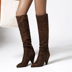 Women chunky heel pointed toe slip on knee high boots