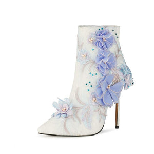 White blue floral pointed toe wedding booties