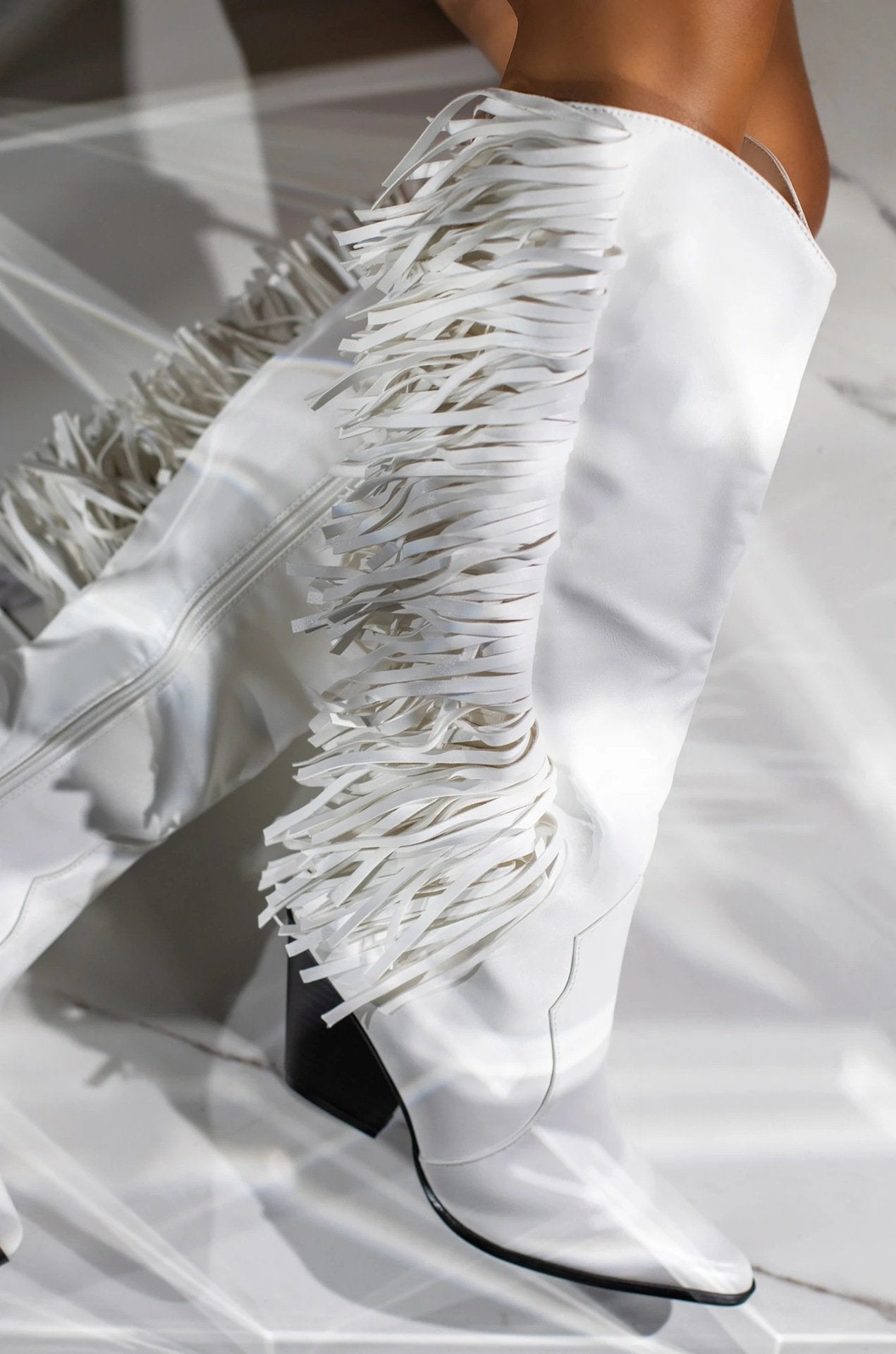 Women's knee high fringe boots pointed toe block heel tassels boots