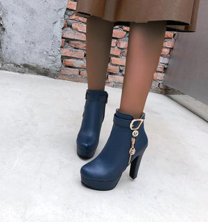 Women fashion metal fringe chunky heel platform ankle boots