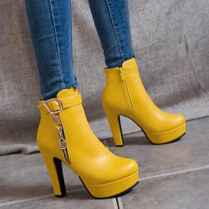 Women fashion metal fringe chunky heel platform ankle boots