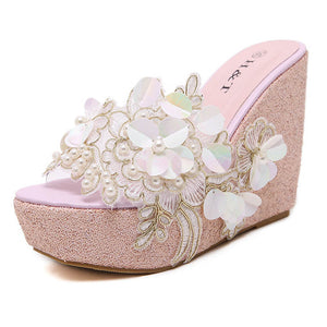 Women rhinestone flower one strap slip on platform wedge sandals