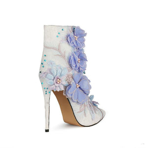 White blue floral pointed toe wedding booties
