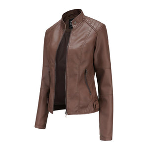 Women motorcycle standing collar long sleeve cropped coat & jacket