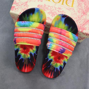 Women tie dye colorful rhinestone strap slide sandals