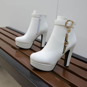 Women fashion metal fringe chunky heel platform ankle boots