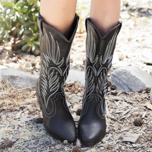 Women Embroidery Wide Calf Knight Riding Round Toe Chunky Square Heel Platform Cowboy Boots